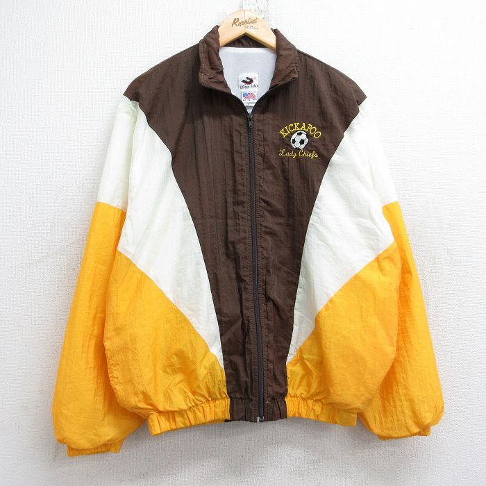 L★古着 長袖 ナイロン ジャケット メンズ 90年代 90s サッカー KICKAPOO マルチカラー USA製 茶他 ブラウン 25nov04 中古 アウター ウインドブレーカー