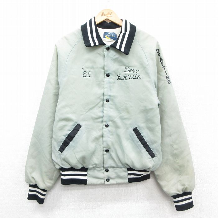 XL★古着 マジェスティック 長袖 ナイロン ジャケット メンズ 80年代 80s 定規 コンパス スクール 襟付き ラグラン USA製 グレー 内側キルティング 25nov04 中古 アウター ウインドブレーカー