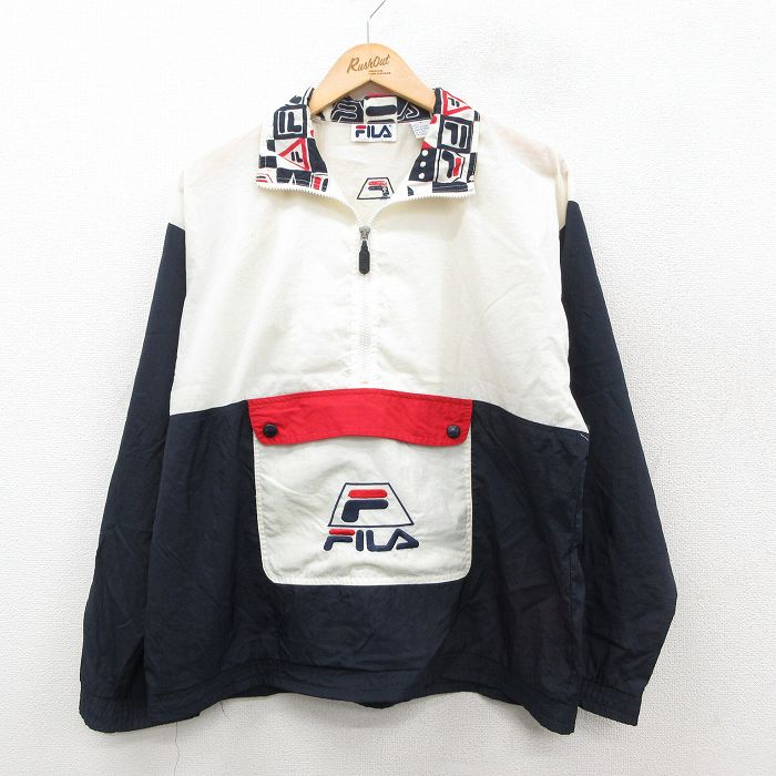 L★古着 フィラ FILA 長袖 ハーフジップ ナイロン ジャケット メンズ 00年代 00s ビッグロゴ 紺他 ネイビー 【spe】 25nov04 中古 アウター ウインドブレーカー