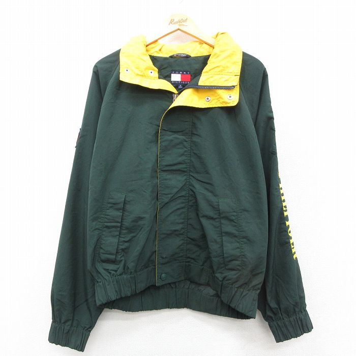 XL★古着 トミーヒルフィガー TOMMY HILFIGER 長袖 ブランド ナイロン ジャケット メンズ 90年代 90s ビッグロゴ ラグラン 緑 グリーン 内側メッシュ 25nov04 中古 アウター ウインドブレーカー