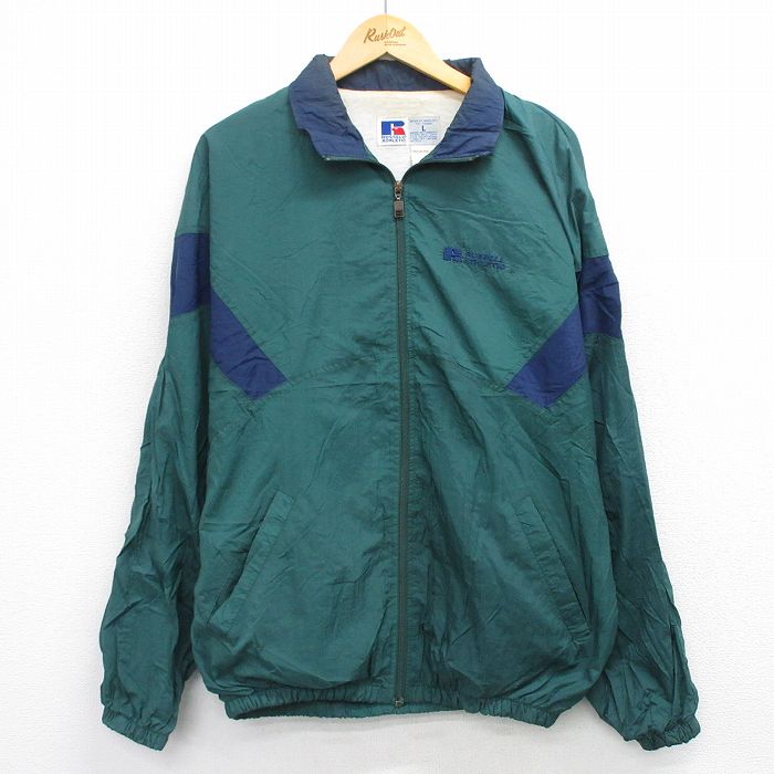 XL★古着 ラッセル 長袖 ナイロン ジャケット メンズ 00年代 00s ワンポイントロゴ 緑他 25nov17