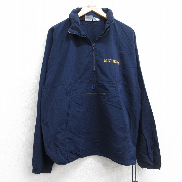L★古着 チャンピオン champion 長袖 ハーフジップ ナイロン ジャケット メンズ 90年代 90s ワンポイントロゴ ミシガン ラグラン 紺 25nov18