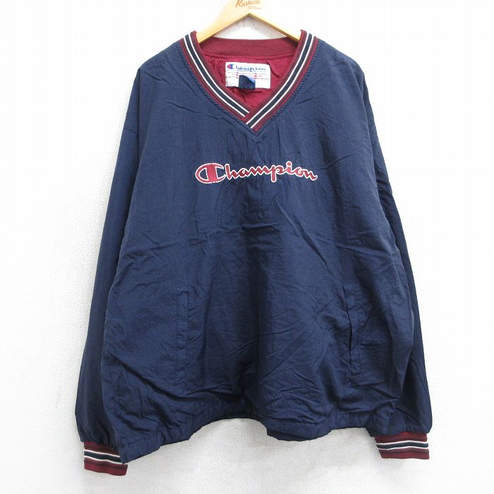 XL★古着 チャンピオン champion 長袖 ナイロン ジャケット メンズ 00年代 00s ビッグロゴ 刺繍 大きいサイズ Vネック 紺 25nov18
