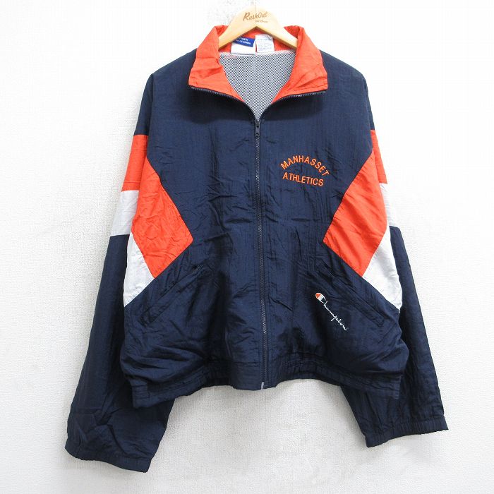 XL★古着 チャンピオン champion 長袖 ナイロン ジャケット メンズ 00年代 00s ワンポイントロゴ マンハセット マルチカラー 大きいサイズ 紺他 内側メッシュ 25nov18