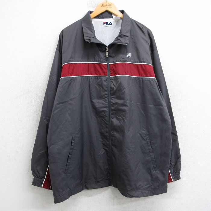 XL★古着 フィラ FILA 長袖 ナイロン ジャケット メンズ 00年代 00s ワンポイントロゴ 大きいサイズ ロング丈 濃グレー 25nov20