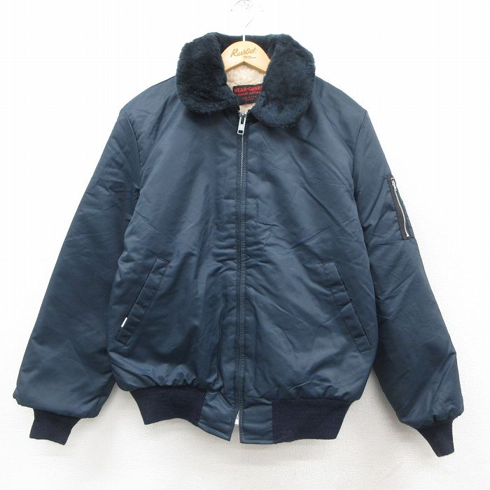 M★古着 Wear Guard 長袖 ナイロン ジャケット メンズ 80年代 80s 襟ファー USA製 紺 内側ボア 25nov20