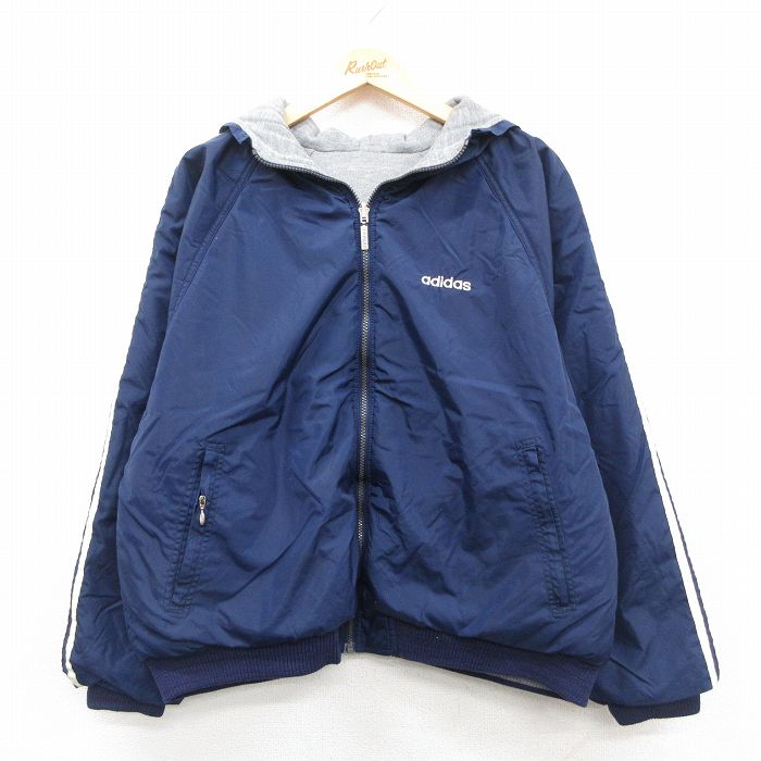 L★古着 アディダス adidas 長袖 ナイロン ジャケット パーカー メンズ 90年代 90s ワンポイントロゴ リバーシブル ラグラン 紺他 3本ライン 25dec04
