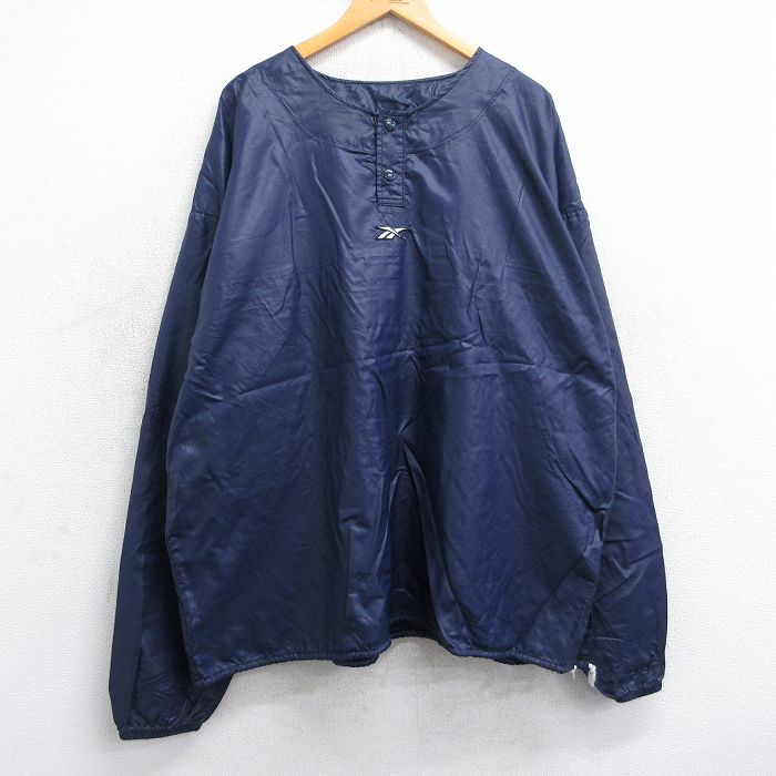 XL★古着 リーボック 長袖 ナイロン ジャケット メンズ ワンポイントロゴ 大きいサイズ ヘンリーネック 紺 25dec04