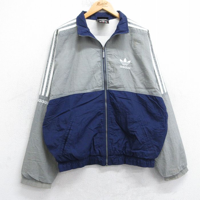 L★古着 アディダス adidas 長袖 ナイロン ジャケット メンズ 90年代 90s ワンポイントロゴ リーフ トレフォイル ツートンカラー 紺他 3本ライン【spe】 25dec04
