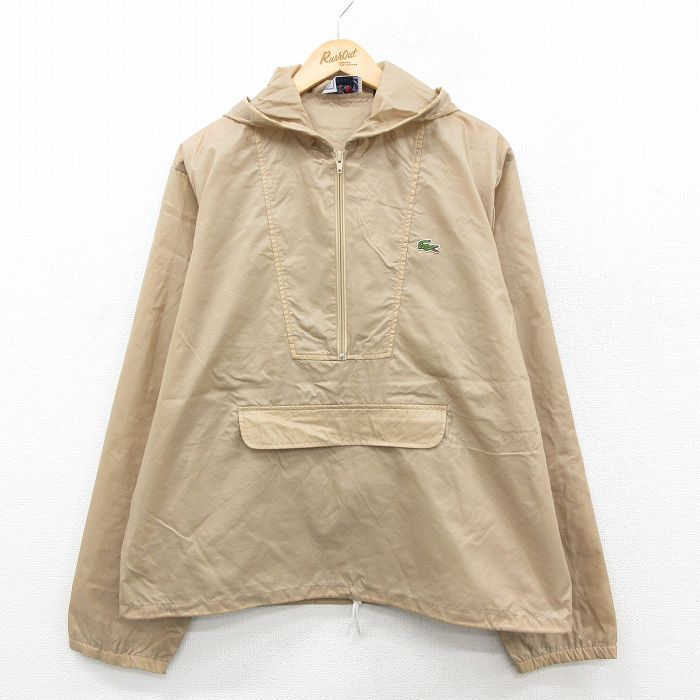 L★古着 ラコステ LACOSTE IZOD 長袖 ブランド ハーフジップ ナイロン ジャケット アノラック パーカー メンズ 90年代 90s ワンポイントロゴ ベージュ 25dec06