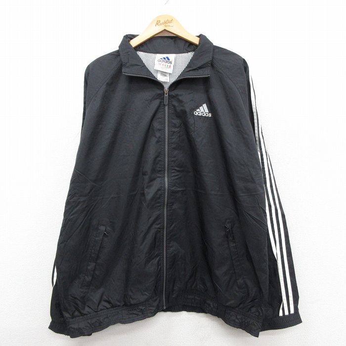 XL★古着 アディダス adidas 長袖 ナイロン ジャケット メンズ 90年代 90s ワンポイントロゴ ラグラン 大きいサイズ 黒 内側メッシュ 3本ライン【spe】 25dec20