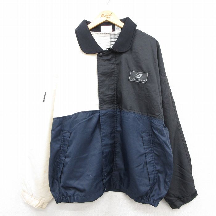 XL★古着 ニューバランス 長袖 ナイロン ジャケット メンズ 90年代 90s マルチカラー 襟付き 大きいサイズ 黒他 内側メッシュ 25dec20