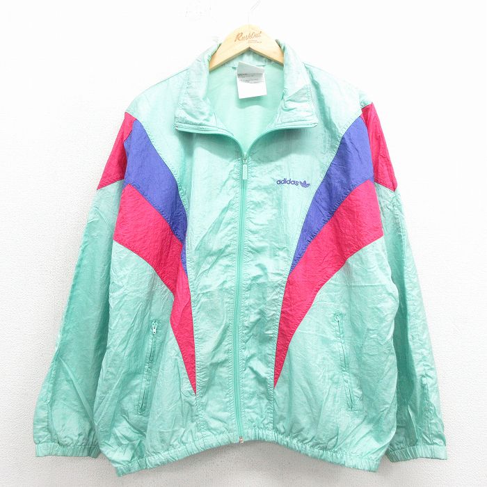 XL★古着 アディダス adidas 長袖 ナイロン ジャケット メンズ 90年代 90s ワンポイントロゴ リーフトレフォイル 大きいサイズ 薄緑【spe】 25dec19