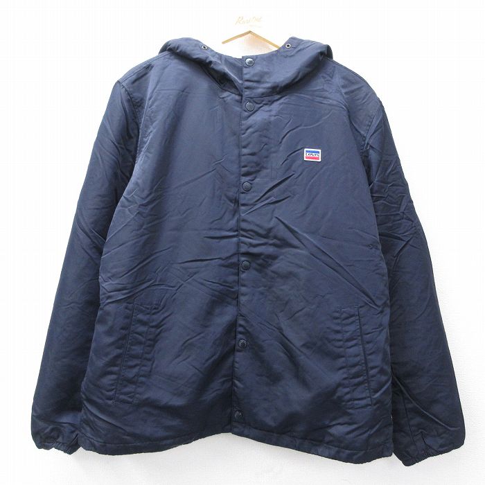 L★古着 リーバイス Levis 長袖 ナイロン ジャケット パーカー メンズ ワンポイントロゴ 紺 内側ファー 26jan05