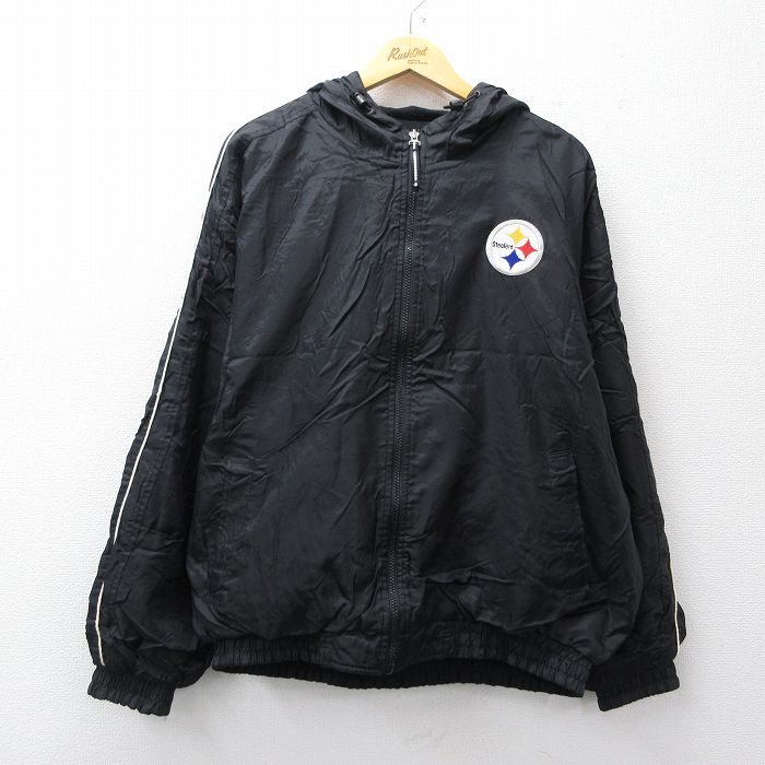 XL★古着 リーボック 長袖 ナイロン ジャケット パーカー メンズ 00年代 00s NFL ピッツバーグスティーラーズ 刺繍 リバーシブル 黒他 アメフト スーパーボウル 26jan05