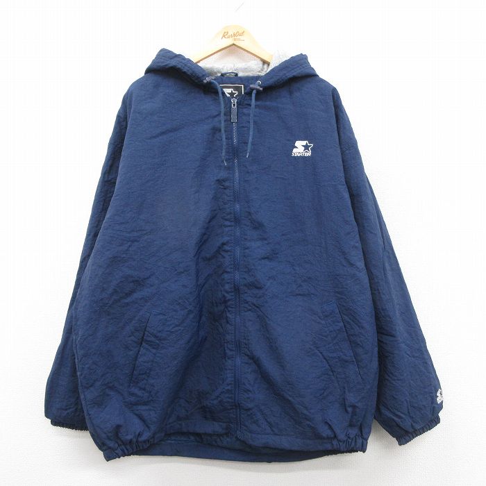 XL★古着 スターター 長袖 ナイロン ジャケット パーカー メンズ 00年代 00s ワンポイントロゴ 大きいサイズ ロング丈 紺 内側キルティング【spe】 26jan10