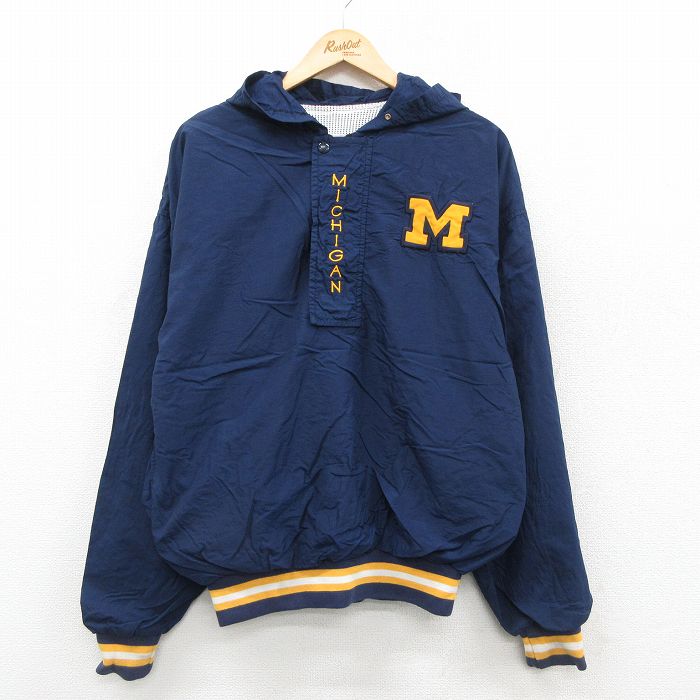 L★古着 長袖 ハーフジップ ナイロン ジャケット パーカー メンズ 90年代 90s ミシガン 刺繍 USA製 紺他 内側メッシュ 26jan26