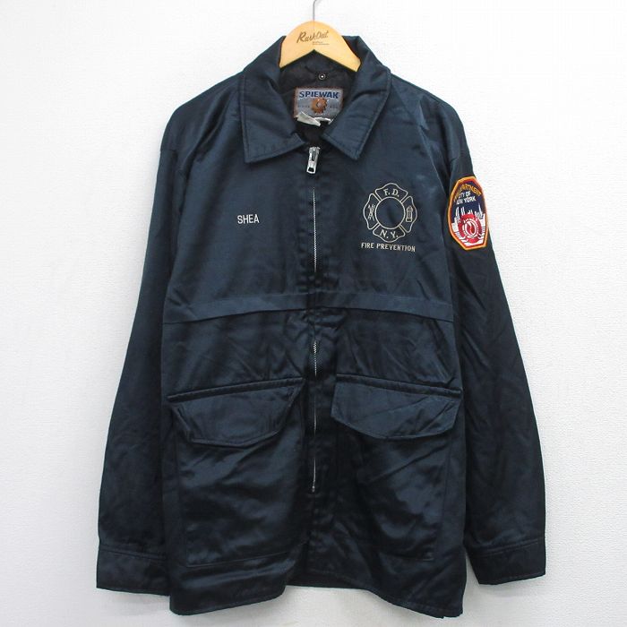 XL★古着 長袖 ナイロン ジャケット メンズ 90年代 90s 消防署 刺繍 ロング丈 USA製 濃紺系 26feb06