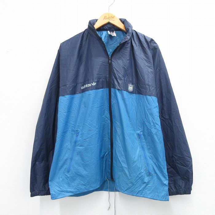 L★古着 アディダス adidas 長袖 ナイロン ジャケット メンズ 90年代 90s ワンポイントロゴ リーフ トレフォイル ドイツ代表 パッカブル ツートンカラー 紺他【spe】 26feb12
