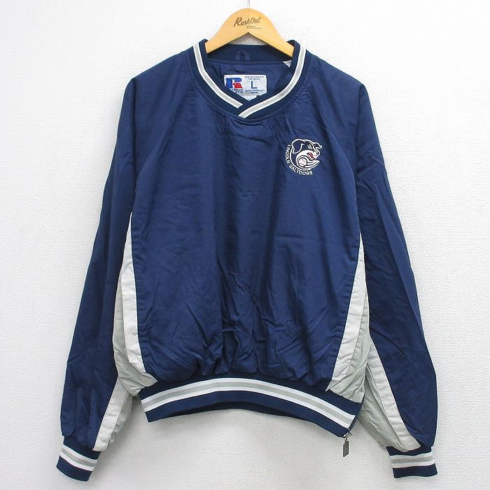 XL★古着 ラッセル 長袖 ナイロン ジャケット メンズ 00年代 00s LINCOLN SALTDOGS ラグラン Vネック 紺他 26mar02