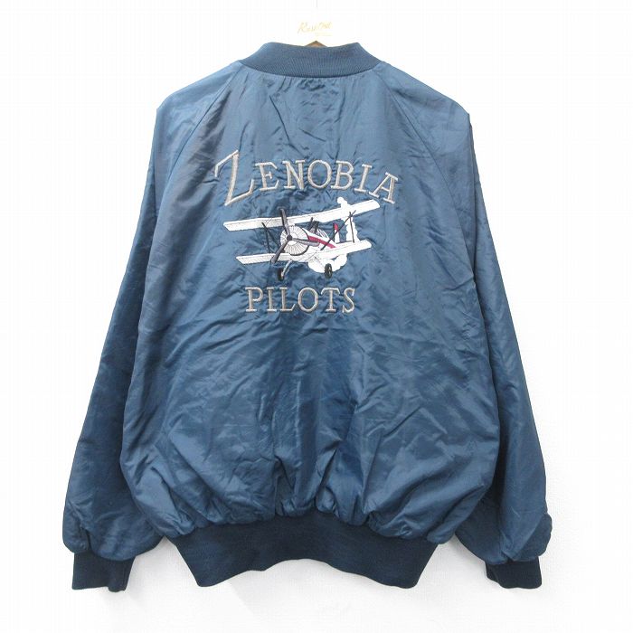 XL★古着 Dunbrooke 長袖 ナイロン ジャケット メンズ 90年代 90s ZENOBIA 飛行機 刺繍 ラグラン 大きいサイズ USA製 紺【spe】 26mar06