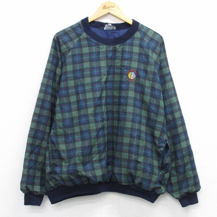XL★古着 長袖 ナイロン ジャケット メンズ HALF MOON BAY 大きいサイズ クルーネック 濃紺他 チェック 26mar07