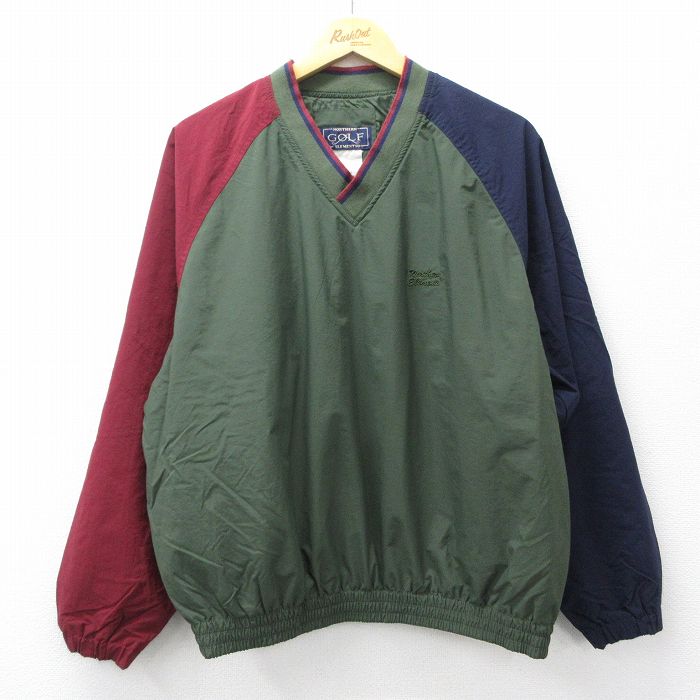 L★古着 長袖 ナイロン ジャケット メンズ マルチカラー ラグラン Vネック 緑他 26mar12