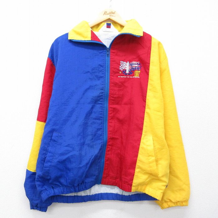 XL★古着 長袖 ナイロン ジャケット メンズ 90年代 90s ナショナルジャンボリー マルチカラー クレイジーパターン USA製 青他 26apr01