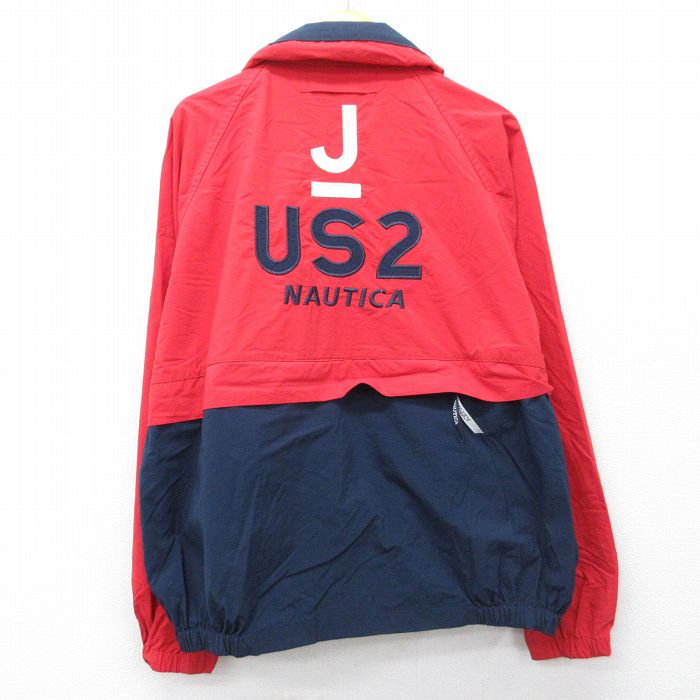 XL★古着 ノーティカ 長袖 ブランド セーリング ナイロン ジャケット メンズ 90年代 90s J-US2 刺繍 ラグラン ツートンカラー 大きいサイズ 赤他 内側メッシュ 26apr01