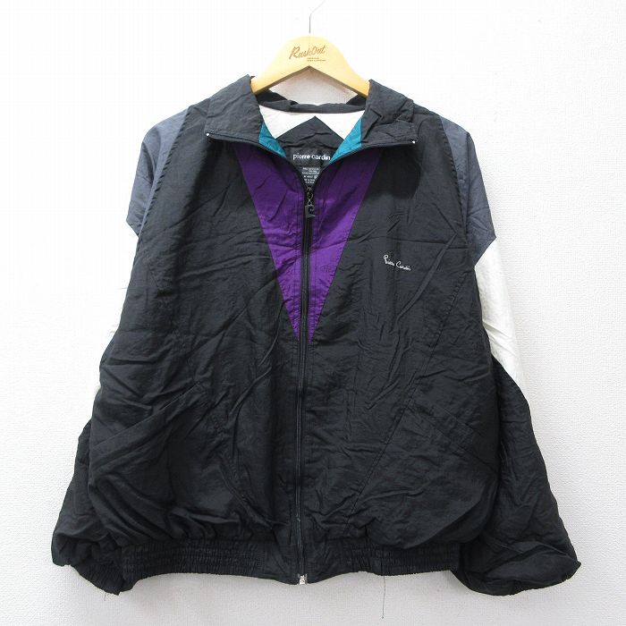 L★古着 ピエールカルダン 長袖 ナイロン ジャケット メンズ 90年代 90s ワンポイントロゴ マルチカラー ラグラン 黒他 26apr16