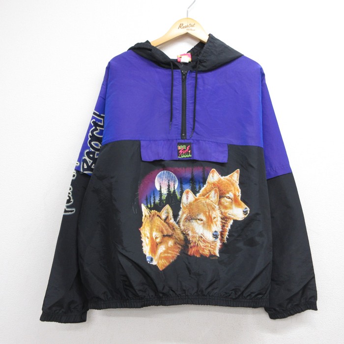 Surf Style 90年代 アノラックジャケット ウルフ柄 ブラック メンズXL相当 | 古着