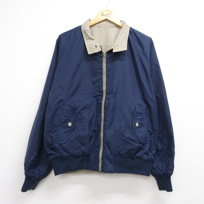 L★古着 LANDS'END ランズエンド 長袖 ナイロン ジャケット メンズ 90年代 リバーシブル スイングトップ フラップポケット ネイビー 26aug17