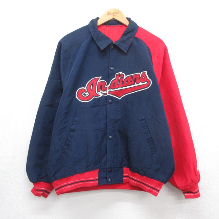 L★古着 スターター STARTER 長袖 ナイロン ジャケット メンズ 90年代 90s MLB インディアンス クリーブランド スナップボタン USA製 ネイビー【spe】 26aug19