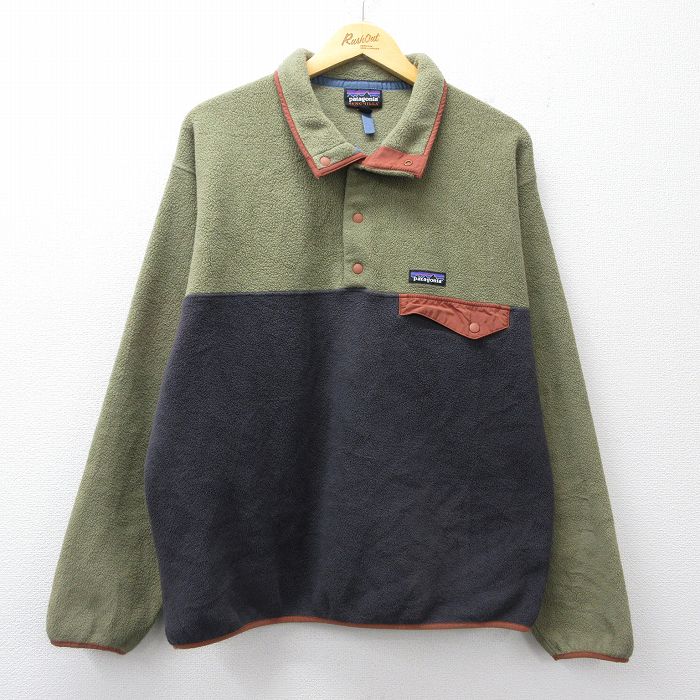 XL★古着 パタゴニア patagonia 長袖 フリース ジャケット スナップT メンズ ワンポイントロゴ シンチラ ツートンカラー 薄緑他 26feb20
