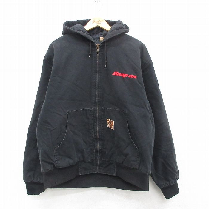 XL★古着 長袖 ジャケット パーカー メンズ スナップオン ダック地 大きいサイズ コットン 黒 ブラック 内側キルティング 【spe】 24dec11 中古 アウター ジャンパー ブルゾン