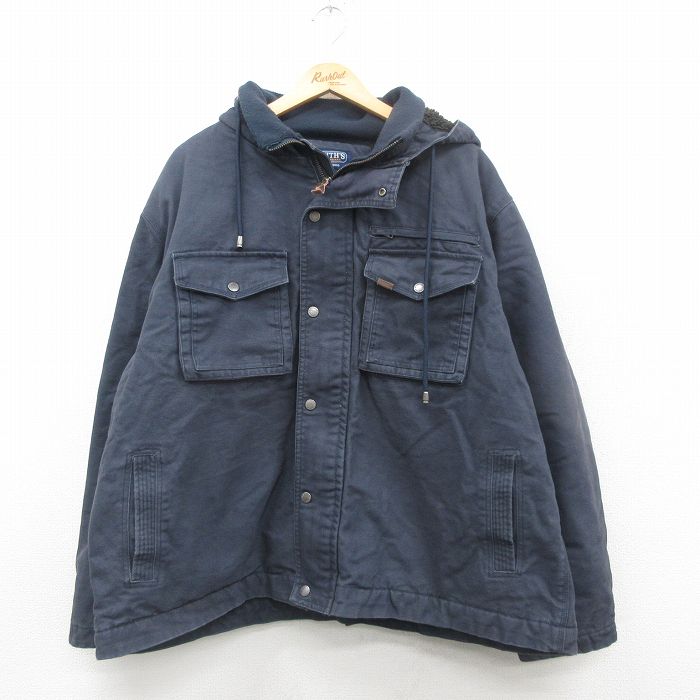XL★古着 長袖 ジャケット パーカー メンズ ダック地 大きいサイズ コットン 濃紺 ネイビー 内側ボア 24dec12 中古 アウター ジャンパー ブルゾン