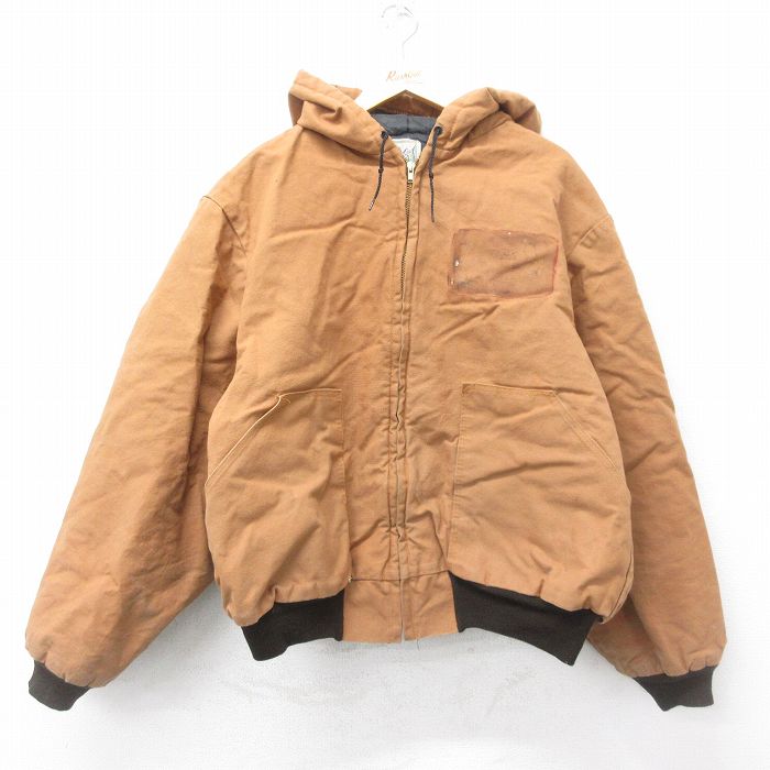 XL★古着 長袖 ジャケット パーカー メンズ 90年代 90s ダック地 大きいサイズ コットン USA製 茶 ブラウン 内側キルティング 24dec12 中古 アウター ジャンパー ブルゾン