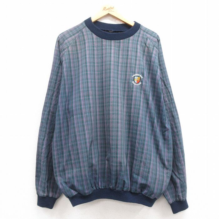 XL★古着 長袖 ジャケット メンズ 90年代 90s ゴルフクラブ 大きいサイズ ラグラン クルーネック 緑他 グリーン チェック 24dec13 中古 アウター ジャンパー ブルゾン