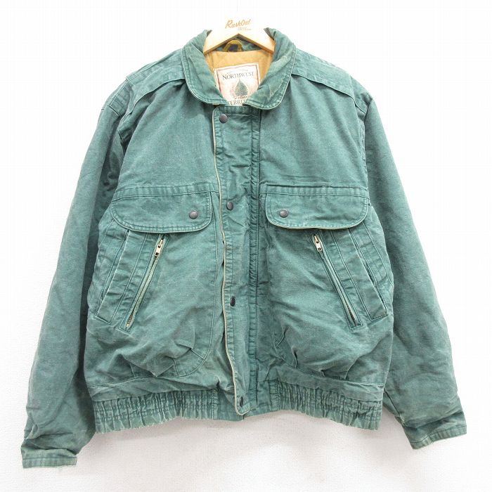 XL★古着 長袖 ジャケット メンズ 緑 グリーン 内側キルティング 24dec13 中古 アウター ジャンパー ブルゾン