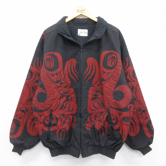 XL★古着 長袖 ジャケット メンズ 90年代 90s コットン USA製 黒他 ブラック 内側キルティング 24dec21 中古 アウター ジャンパー ブルゾン