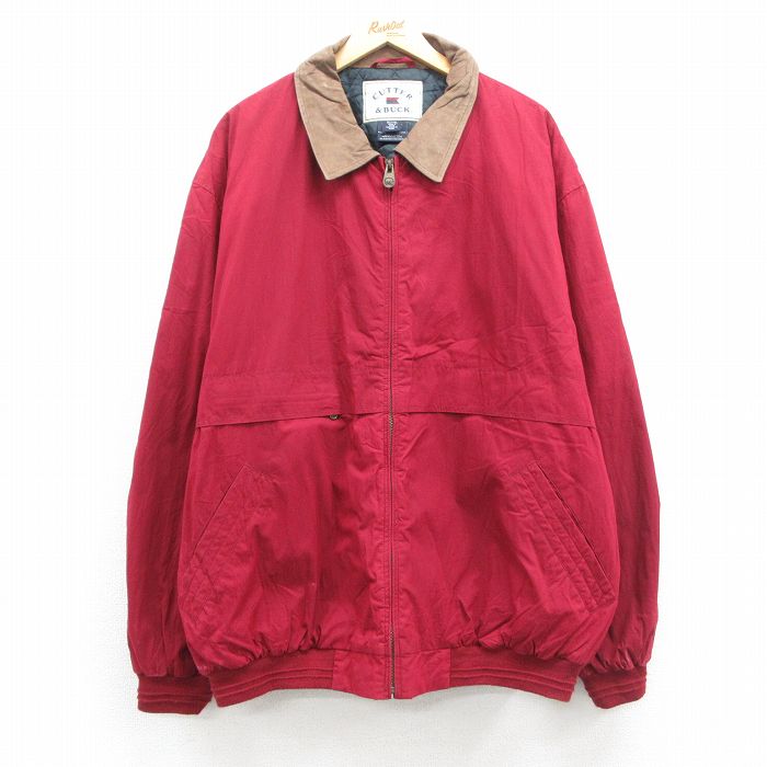【50%OFF】XL★古着 長袖 ジャケット メンズ 大きいサイズ 襟レザー エンジ 内側キルティング 25jan09 中古 アウター ジャンパー ブルゾン