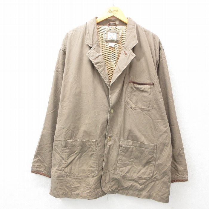 【50%OFF】XL★古着 長袖 ジャケット メンズ ヒジ当て レザー使用 大きいサイズ ロング丈 コットン ベージュ カーキ 内側メッシュ 25jan10 中古 アウター ジャンパー ブルゾン