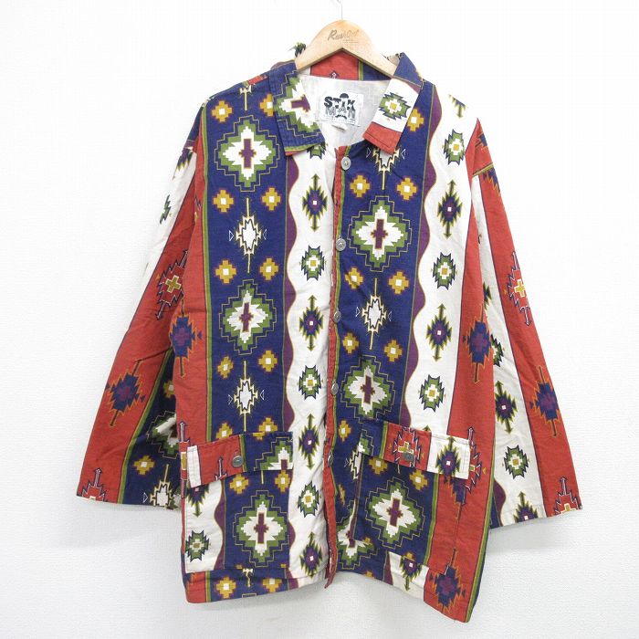 XL★古着 長袖 ジャケット メンズ 90年代 90s ネイティブ柄 ラグ柄 大きいサイズ ロング丈 紺他 ネイビー 25feb03 中古 アウター ジャンパー ブルゾン