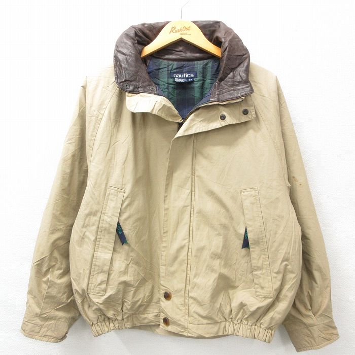 【50%OFF】XL★古着 ノーティカ NAUTICA 長袖 ブランド ジャケット メンズ 90年代 90s 襟レザー ラグラン コットン ベージュ カーキ 内側キルティング 25feb03 中古 アウター ジャンパー ブルゾン