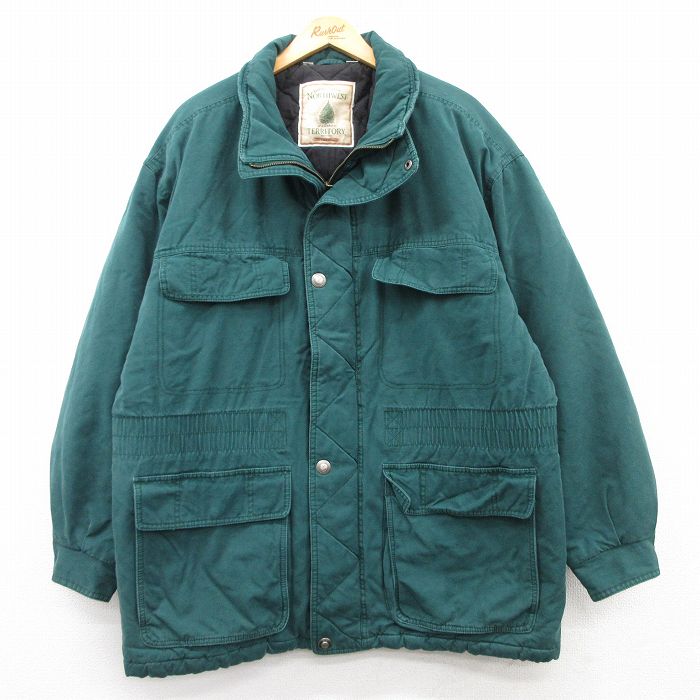 XL★古着 長袖 ジャケット メンズ 大きいサイズ ロング丈 コットン 緑系 グリーン 内側キルティング 25feb10 中古 アウター ジャンパー ブルゾン