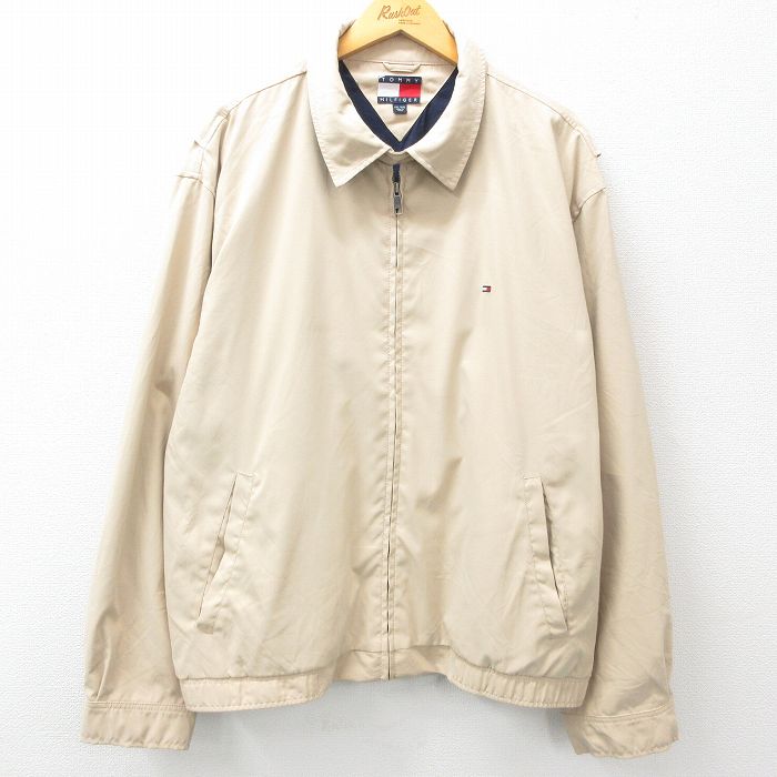 XL★古着 トミーヒルフィガー TOMMY HILFIGER 長袖 ブランド ジャケット スイングトップ メンズ 90年代 90s ワンポイントロゴ 大きいサイズ ベージュ カーキ 25feb12 中古 アウター ジャンパー ブルゾン