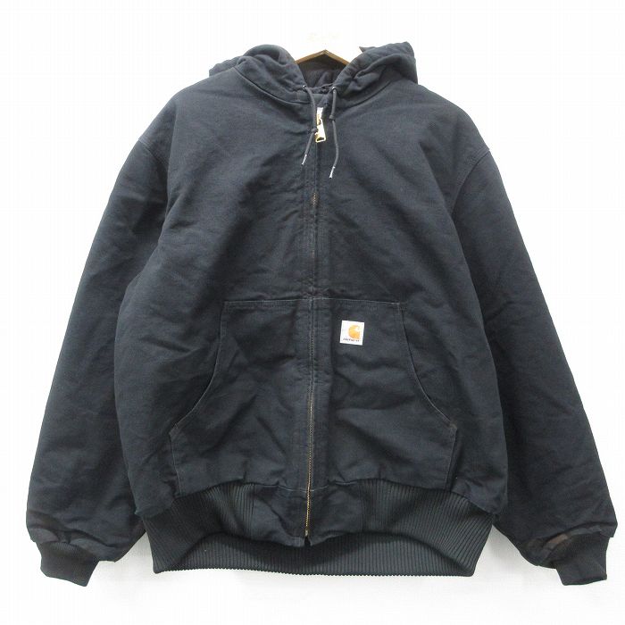 XL★古着 カーハート Carhartt 長袖 アクティブ ジャケット パーカー メンズ 90年代 90s ダック地 大きいサイズ コットン USA製 黒 ブラック 内側キルティング 【spe】 25feb12 中古 アウター ジャンパー ブルゾン
