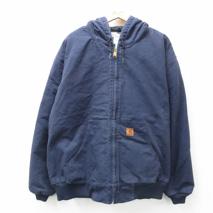 XL★古着 カーハート Carhartt 長袖 アクティブ ジャケット パーカー メンズ ダック地 大きいサイズ コットン 紺 ネイビー 内側キルティング 25feb12 中古 アウター ジャンパー ブルゾン