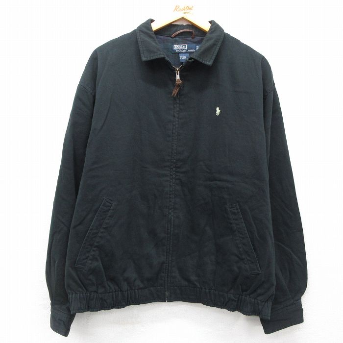 XL★古着 ラルフローレン Ralph Lauren 長袖 ブランド ジャケット スイングトップ メンズ 90年代 90s ワンポイントロゴ 大きいサイズ コットン 黒 ブラック 25feb12 中古 アウター ジャンパー ブルゾン