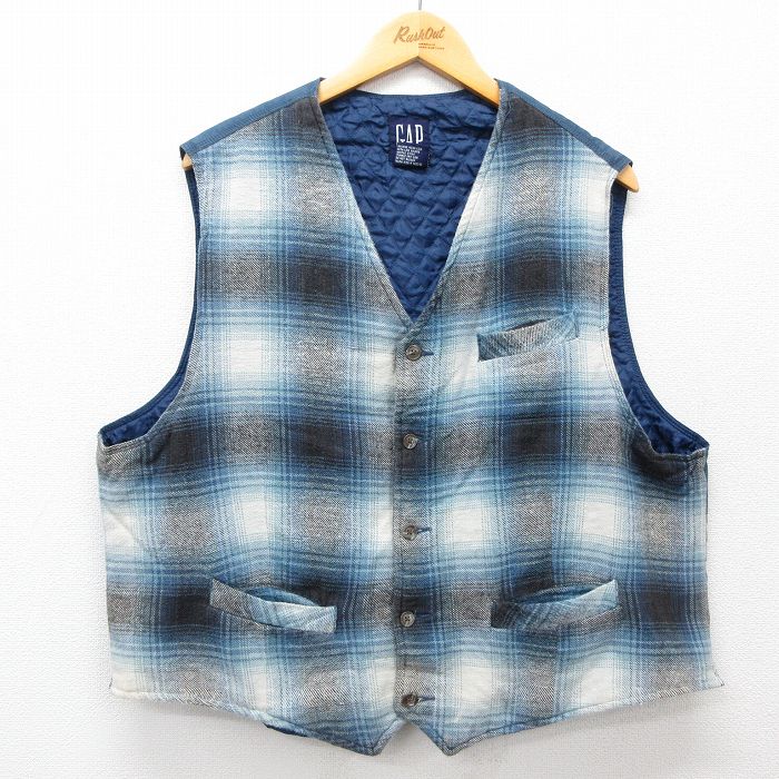 XL★古着 ギャップ GAP ベスト メンズ 90年代 90s コットン 薄紺他 ネイビー オンブレ チェック 内側キルティング 【spe】 25feb12 中古 アウター